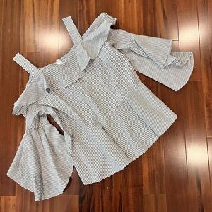 Halogen Gray White Blouse Striped Ruffle Trim Bell Sleeves Off Shoulder Sz Large